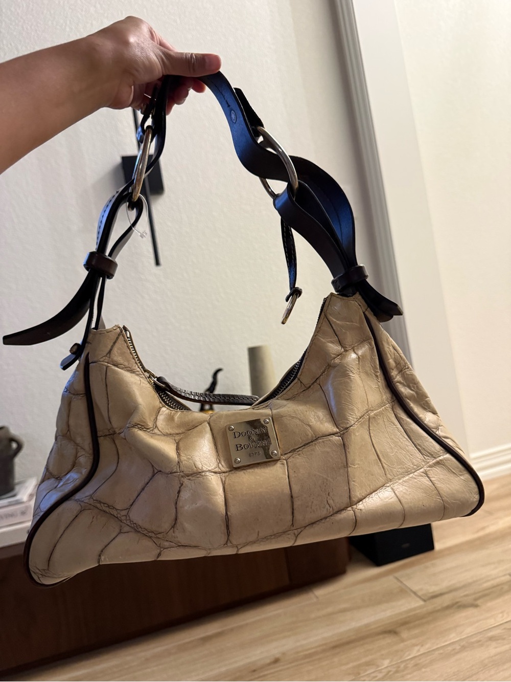 Dooney & Bourke Cream Croc-Embossed Leather Shoulder Bag with Dark Trim